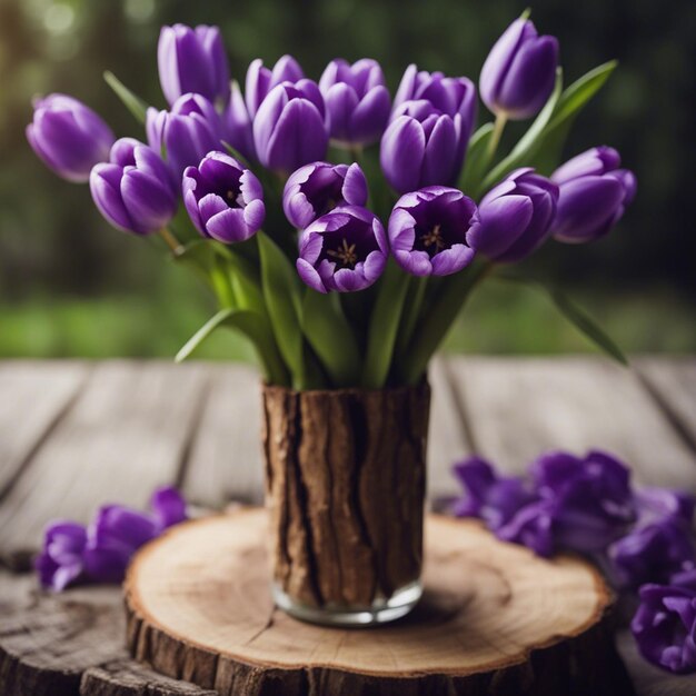 A many tulips in wood pot violet wooden table top view