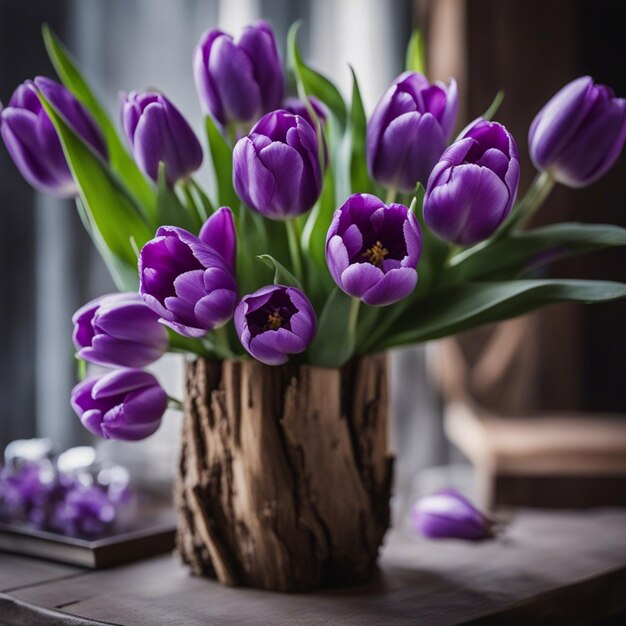 A many tulips in wood pot violet wooden table top view