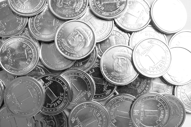 Many Ukrainian coins as background top view National currency