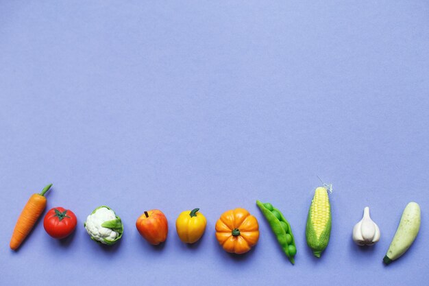 写真 紫色の背景の健康食品の概念上の多くの野菜や果物