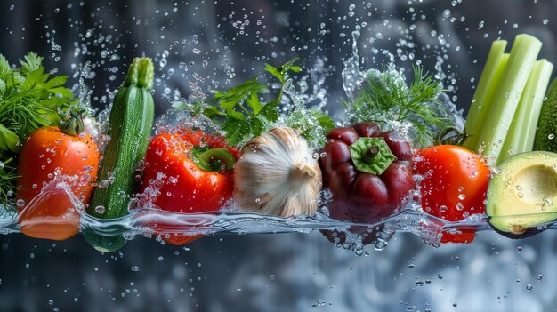 Many vegetables splashes into water