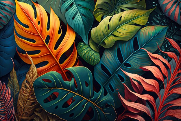 Many of vibrant colors tropical leaves mix media background