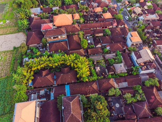 バリの太陽のウブドの空の背景にある熱帯の木々の間に茶色のオレンジ色の屋根板が付いている多くのヴィラがそれらに輝いています空中水平写真