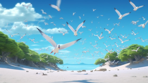 Photo many white birds flying over the sandy beach ai generative