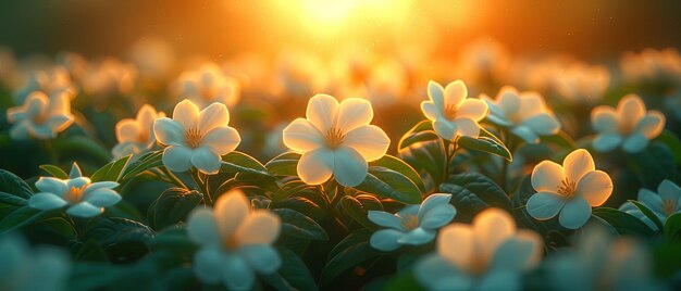 Photo a many white flowers in a field with the sun shining