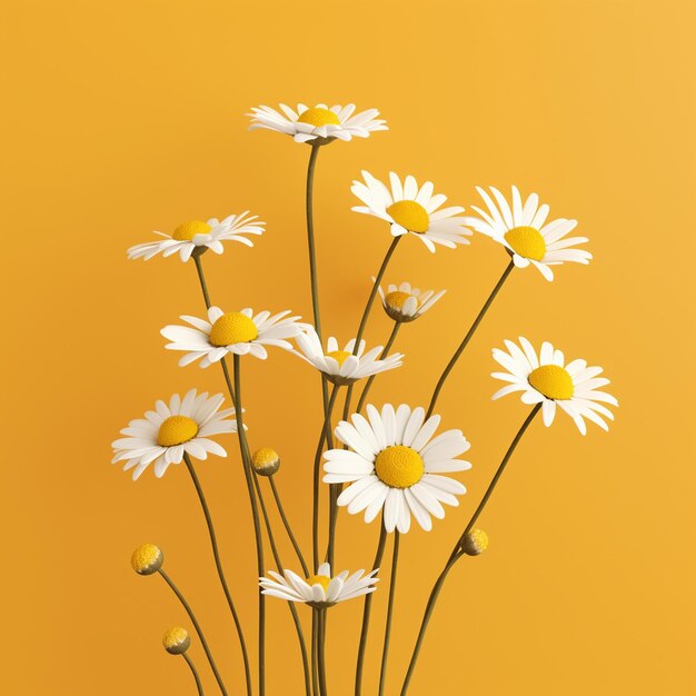 Many white flowers in a vase on a yellow background