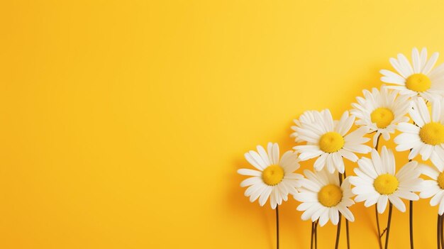 Many white flowers in a vase on a yellow background