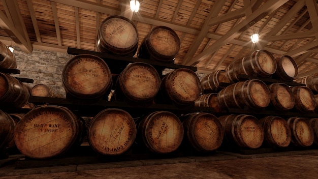 Many wine barrels in a cellar with stone walls