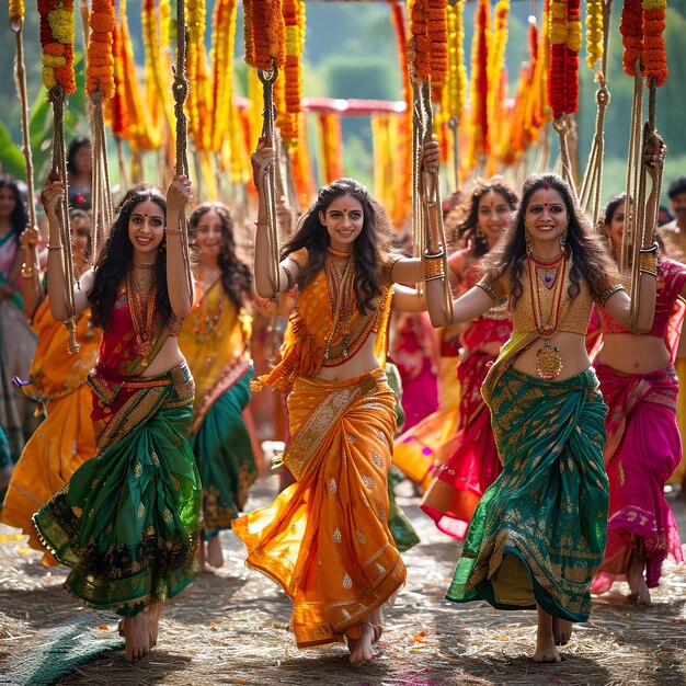 Many women walking in colorful saris