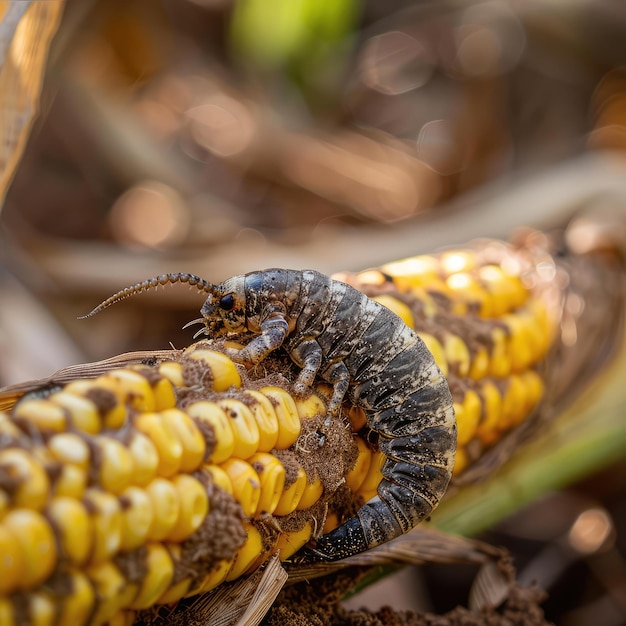 Many Worms Eats Corn Cobs on Corn Field Hungry Caterpillars Eats Corn Cob Fall Armyworm