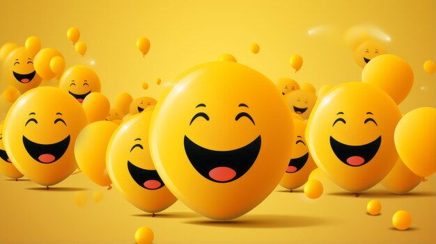 Many yellow balloons with smiling faces on a yellow background