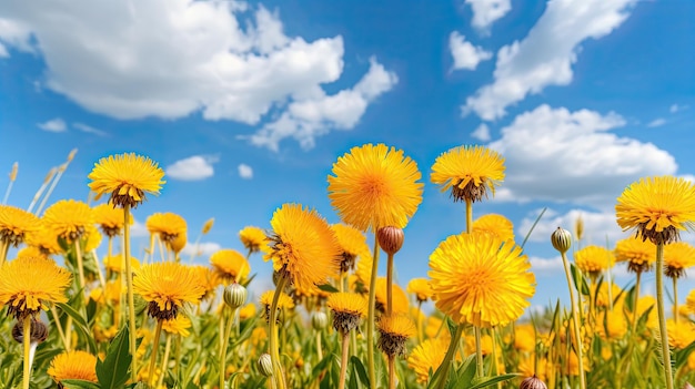 写真 自然の中の草原にたくさんの黄色いタンポポの花