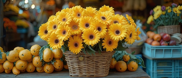 a many yellow flowers in a basket on a table