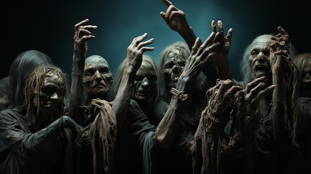 Photo many zombie hands on the dark background generative ai