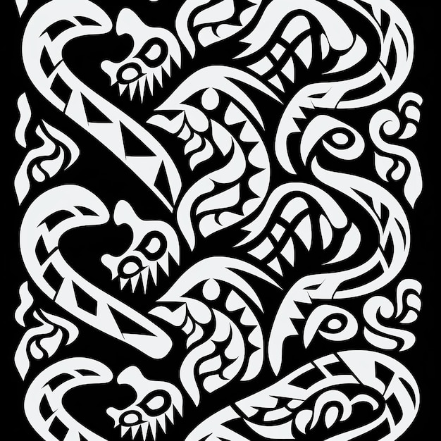 Foto grafica in stile maori con motivo a serpente a sonagli e forma a terra con figure in bianco e nero