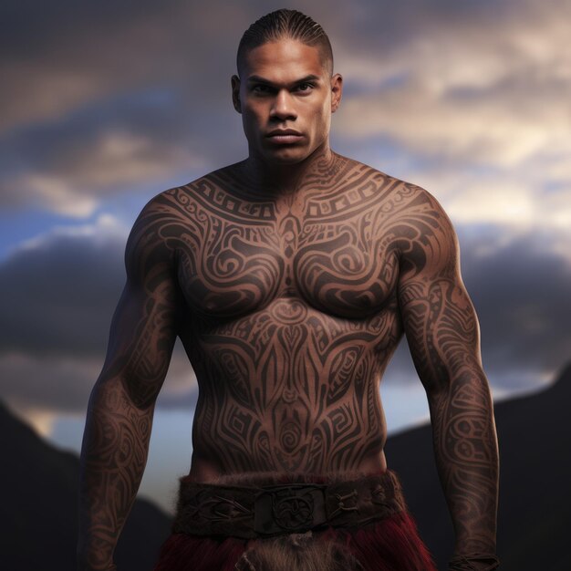 Photo maoriinspired character design with spectacular unreal engine backdrops