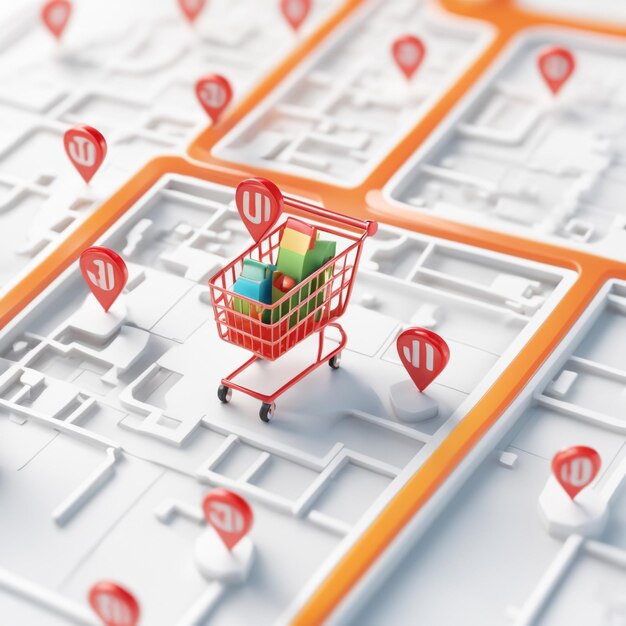 Фото Карта 3d и тележка супермаркета с фоновым расположением значка покупок 3d карта покупок