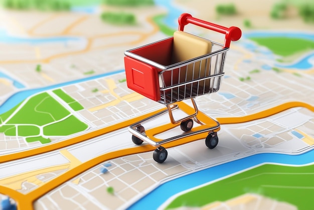 Map 3d and supermarket trolley with shopping background icon location 3d map shopping