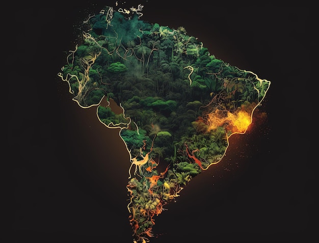 Map of amazon jungle with fire.