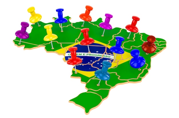 Photo map of brazil with colored push pins 3d rendering