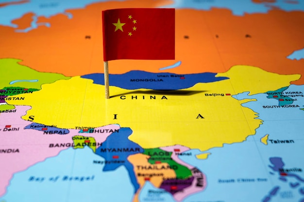 A map of China with a Chinese flag on it