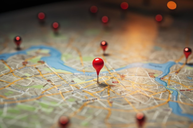 Photo map of the city on a map of the european union with red pins location marking with a pin on a map with visible routes ai generated