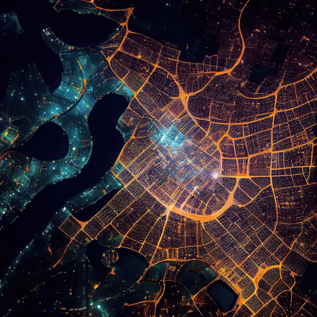 A map of the city at night with lights