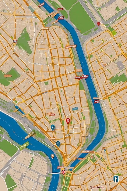 a map of a city with a blue river and a red sign on it