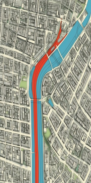생성 ai에 빨간색과 파란색 선이 있는 도시 지도