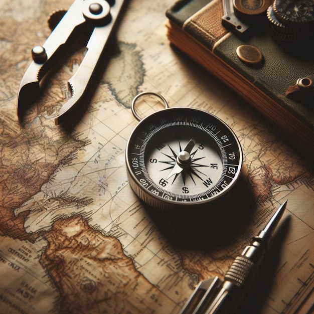 Map and compass realistic photo