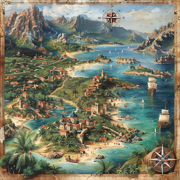 Photo map detailing a treasure hunt in an illustrated pirate world