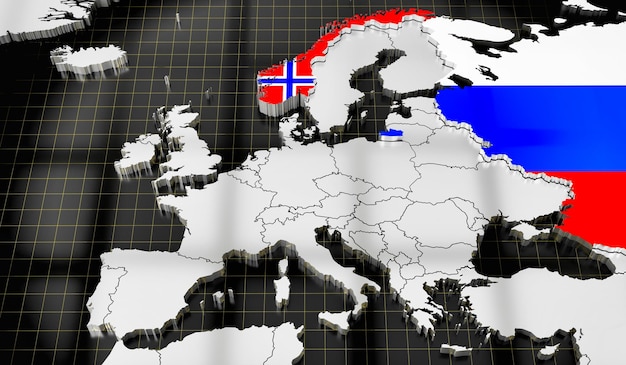 Map of Europe flags of Norway and Russia 3D illustration