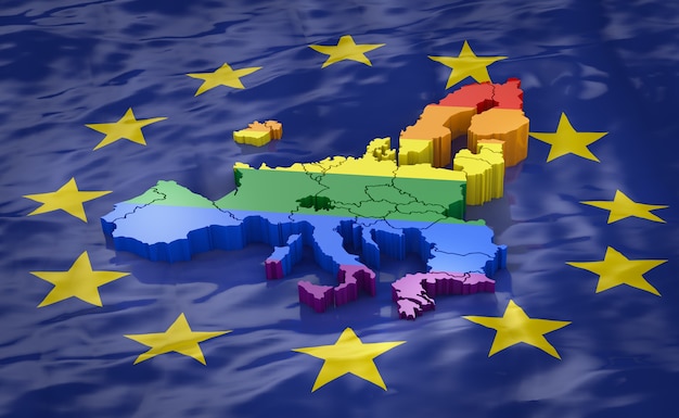 Mappa dell'europa in colori lgbt sullo sfondo della bandiera dell'ue. rappresentazione 3d.