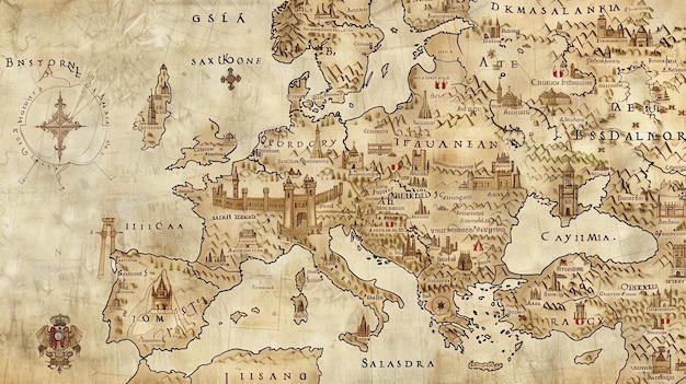 Foto una mappa dell'europa in stile medievale la mappa è centrata sull'italia e presenta le principali città fiumi e montagne