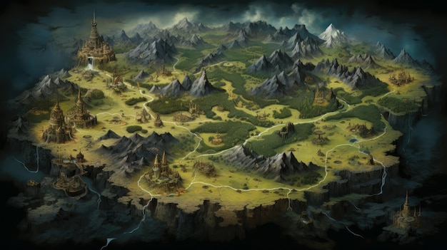 Photo a map of a fantasy world with mountains and a river