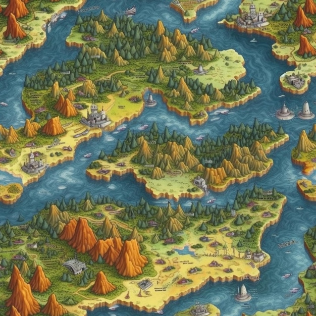 Карта фантастического мира с рекой и горами.