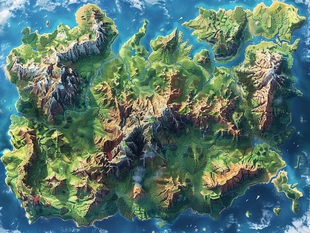 Photo map of a fictional world with diverse biomes