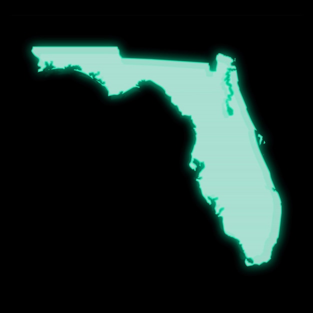 플로리다 지도, 오래된 녹색 컴퓨터 터미널 화면, 어두운 배경