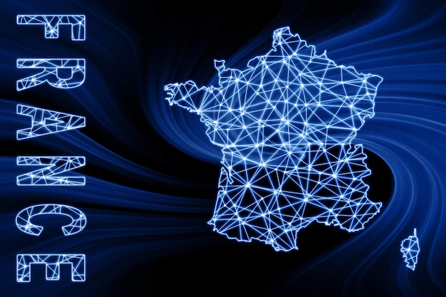 Map of France, Polygonal mesh line map, blue map on dark background