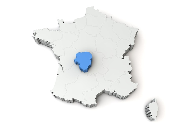 Map of France showing Limousin region 3D Rendering