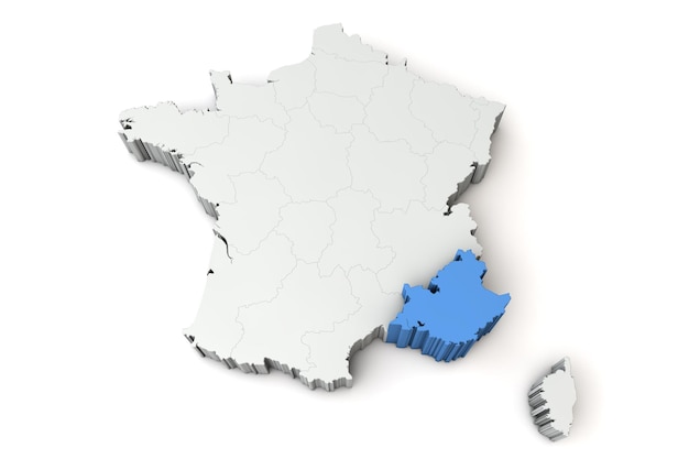 프로방스 알프스 코트 다쥐르 지역 d 렌더링을 보여주는 프랑스 지도