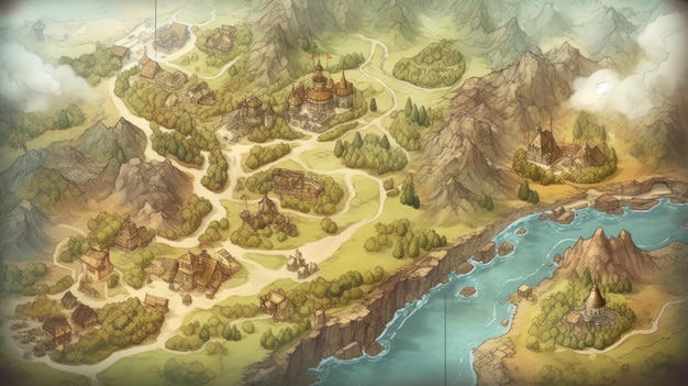 맨 위에 큰 마을이 있는 영웅 게임의 지도입니다.