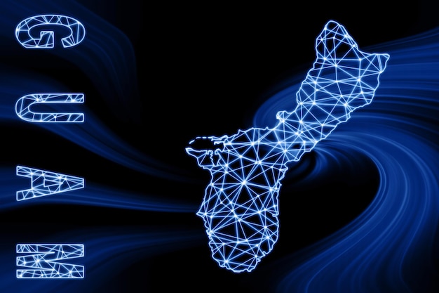グアムの地図、多角形のメッシュラインマップ、暗い背景の青い地図