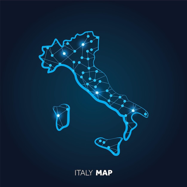 Mappa dell'italia realizzata con linee collegate e punti luminosi