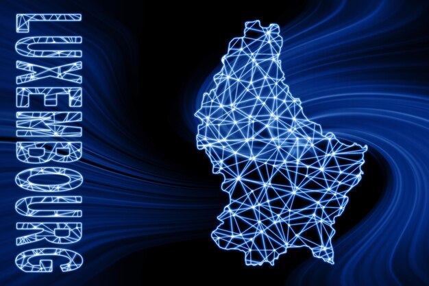 룩셈부르크 지도, 다각형 메쉬 라인 맵, 어두운 배경에 파란색 지도