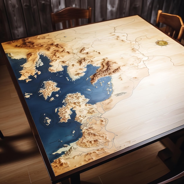 木製のテーブルに横たわっている地図 Ai generative