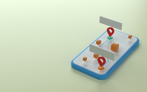 Indicatore della mappa o punto pin sopra l'illustrazione 3d del telefono