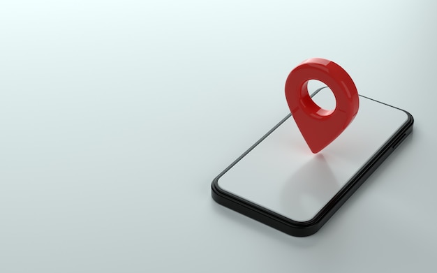 Map marker or pin point on top of phone 3d illustration