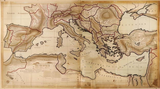 Foto mappa del mar mediterraneo e delle aree circostanti che mostra i paesi e le regioni che confinano con il mare