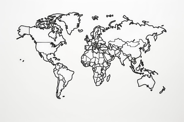 Фото Карта мира на белом фоне 3d-рендеринг очерченная карта мира черно-белый искусственный интеллект